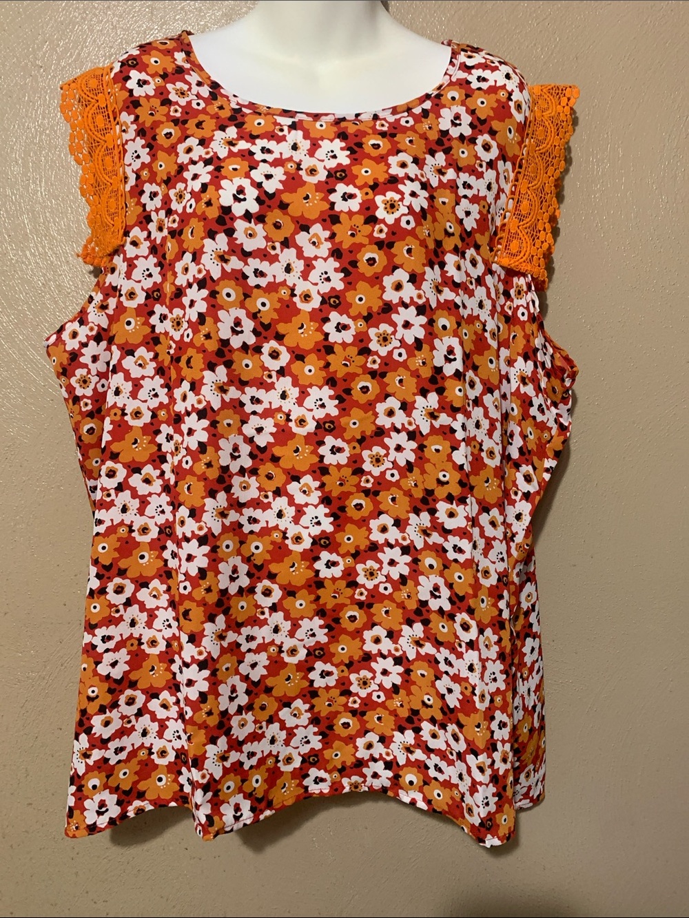 A Love Story size 2X Women’s Orange Floral Crochet-Trim Tank Top NWT